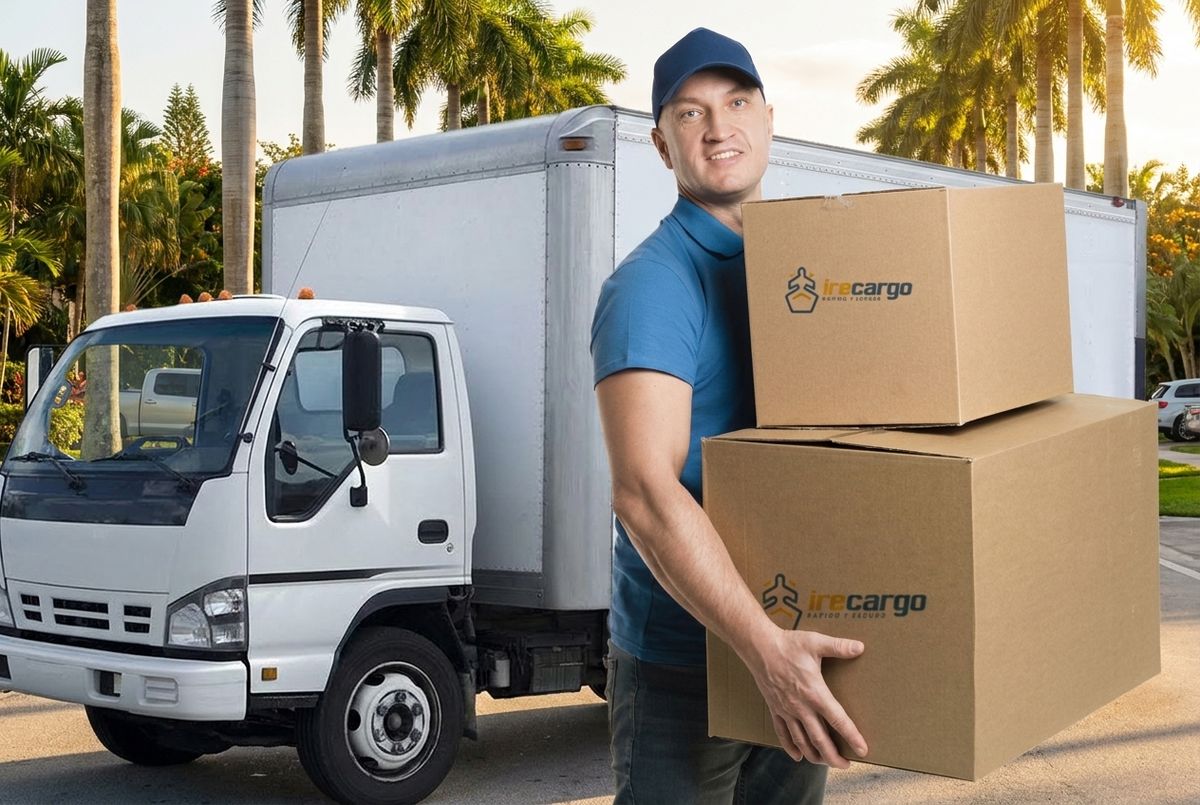 Repartidor de IreCargo con cajas junto al cami&oacute;n
